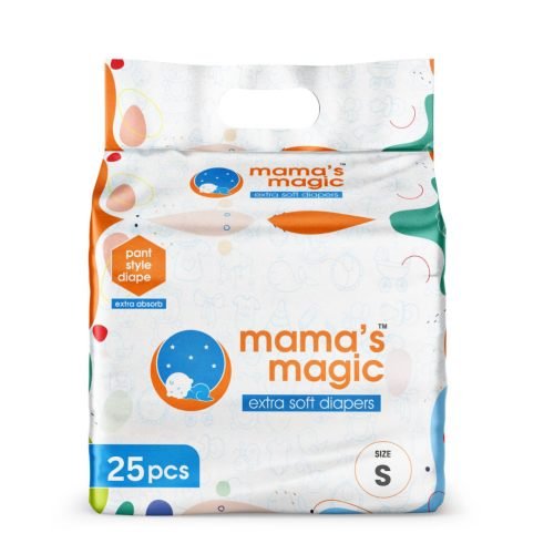 Mamas magic   Baby pant Diapers   Extra soft   All Round Protection   Super Slim Elastic   Anti Bacterial   Absorbent Material   Size   S   Total Pie 